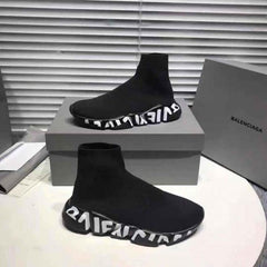 Balenciag a Speed Trainer Black White Graffiti