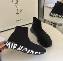 Balenciag a Speed Trainer Black White Graffiti
