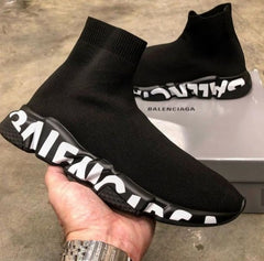Balenciag a Speed Trainer Black White Graffiti